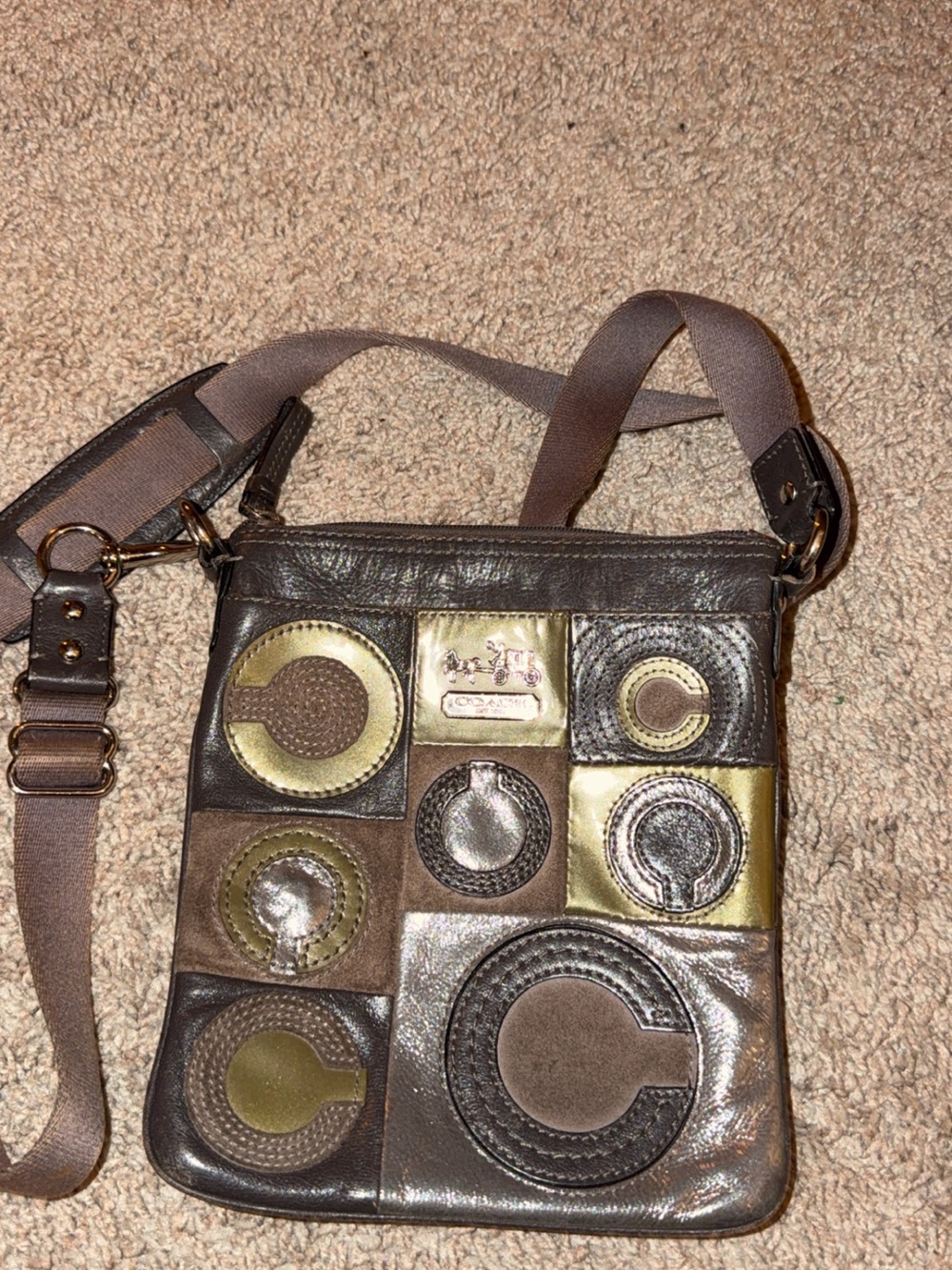 Coach Patchwork Circle Accent Leather Crossbody in Brown and Gold